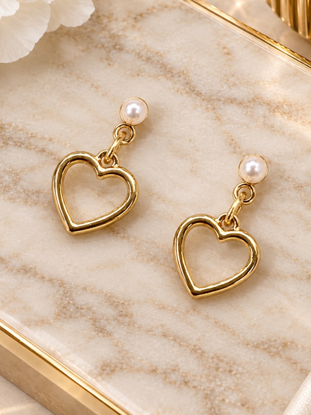 Gold Pearl Heart Earrings